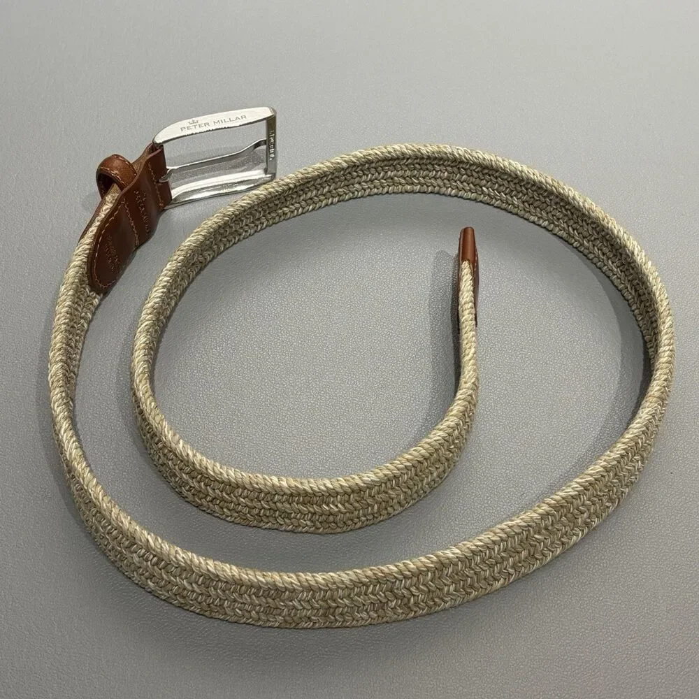 Peter Millar Waxed Braided Belt Men’s 38 Beige / Gray Stretch Golf Casual 1 3/8”